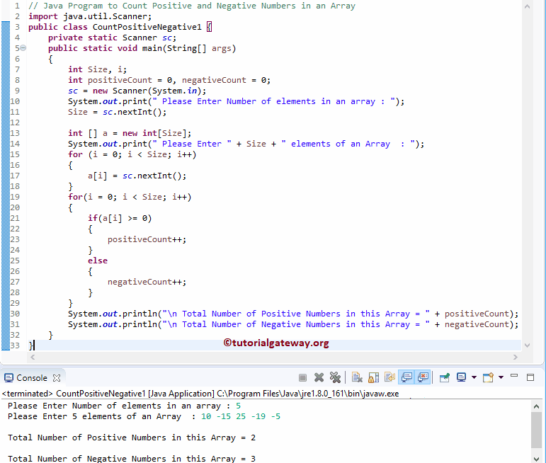 Java Program to Count Positive and Negative Numbers in an Array 1