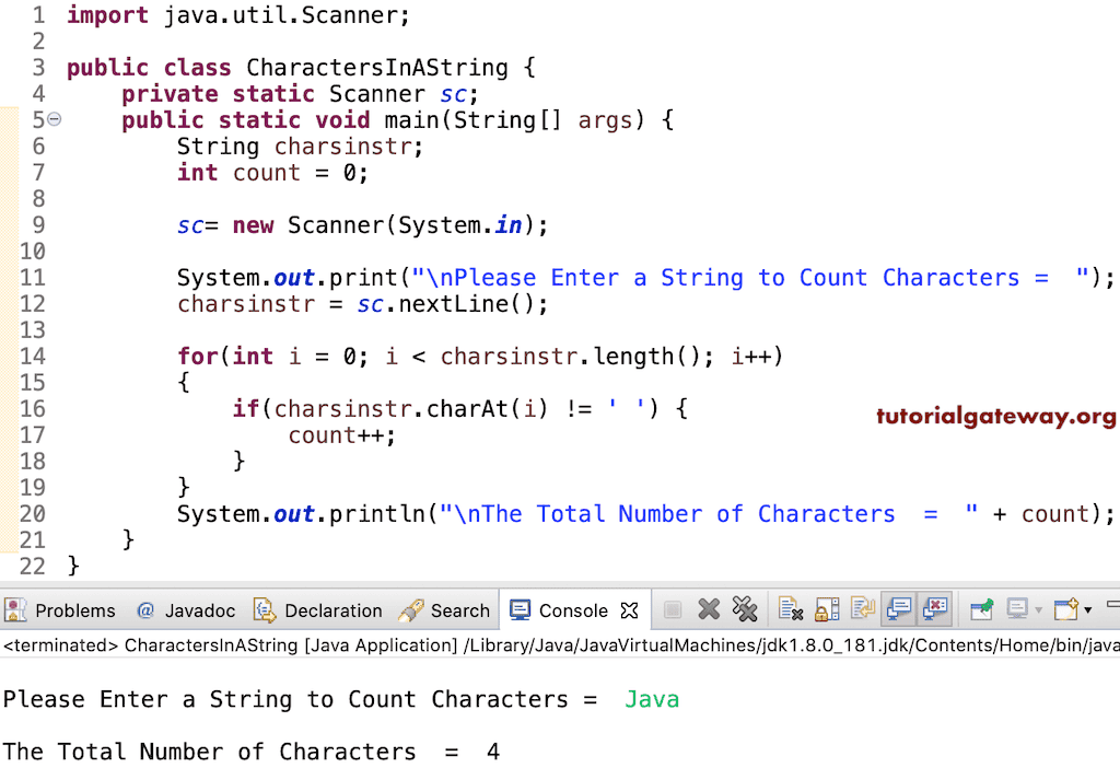 Java Program to Count Total Characters in a String using for loop