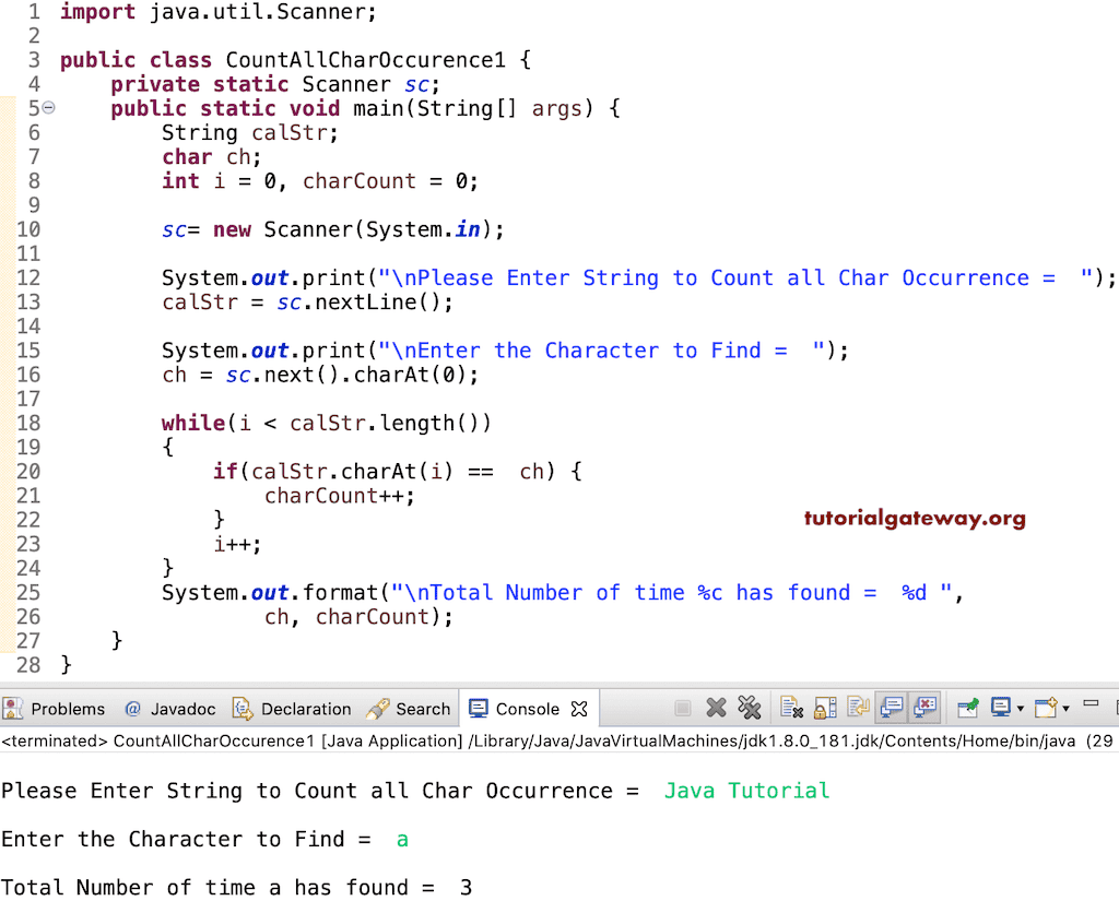 Java Program to Count Total Occurrence of Character in a String using while loop