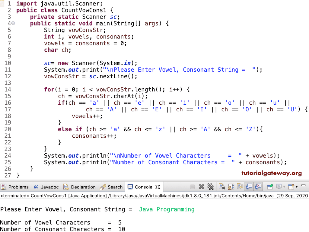 Java Program to Count Vowels and Consonants in a String using for loop