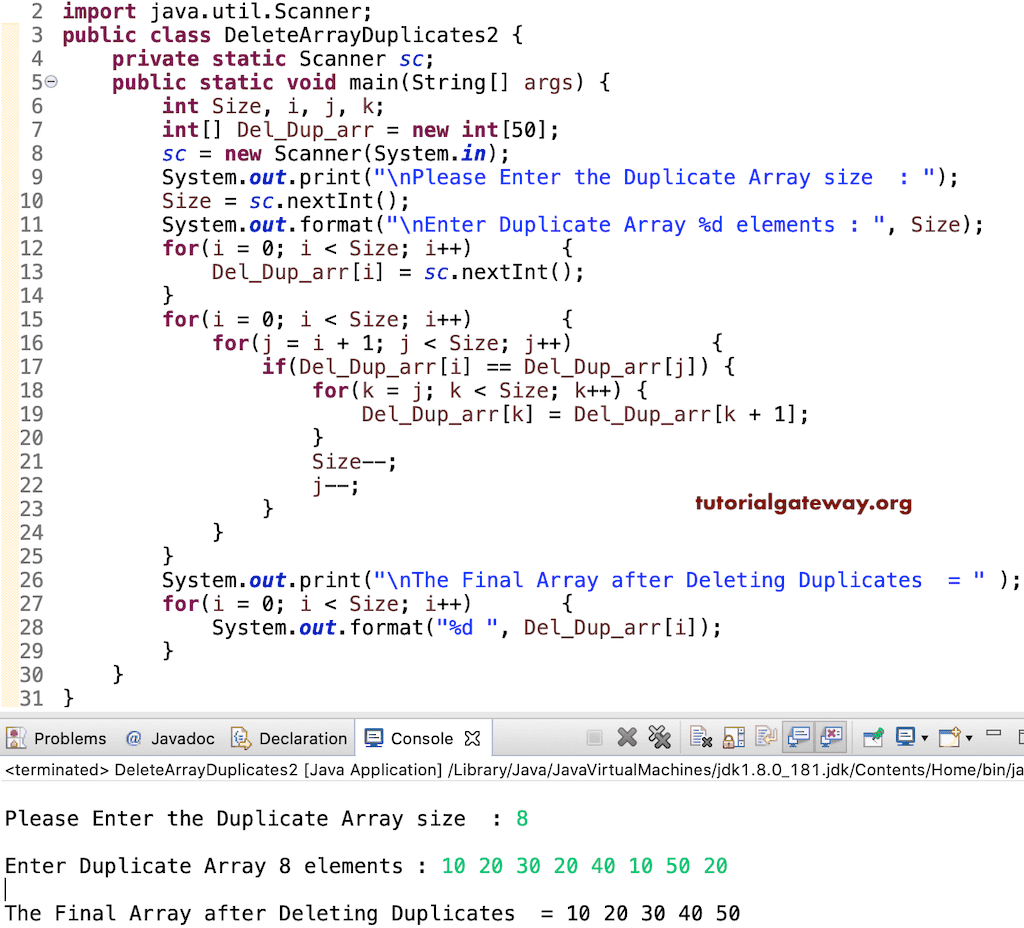 Java Program to Delete Array Duplicates items using for loop