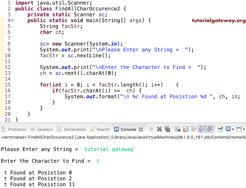Java Program to Find All Occurrences of a Character in a String