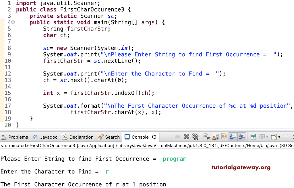 Java Program to Find First Character Occurrence in a String