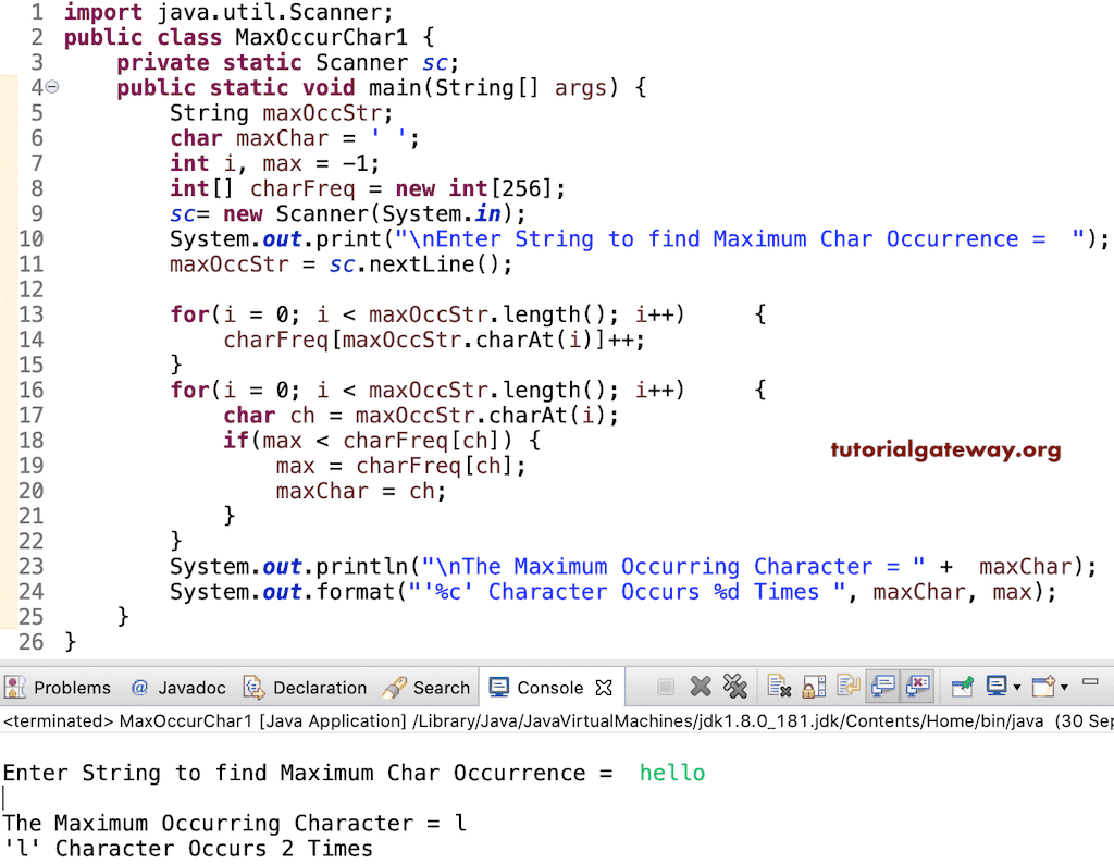 Java Program to Find Maximum Occurring Character in a String using for loop