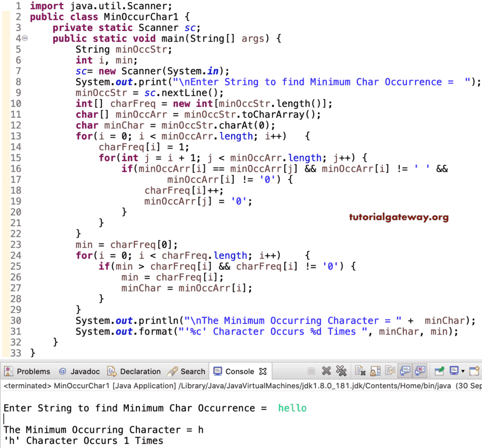 Java Program to Find Minimum Occurring Character in a String
