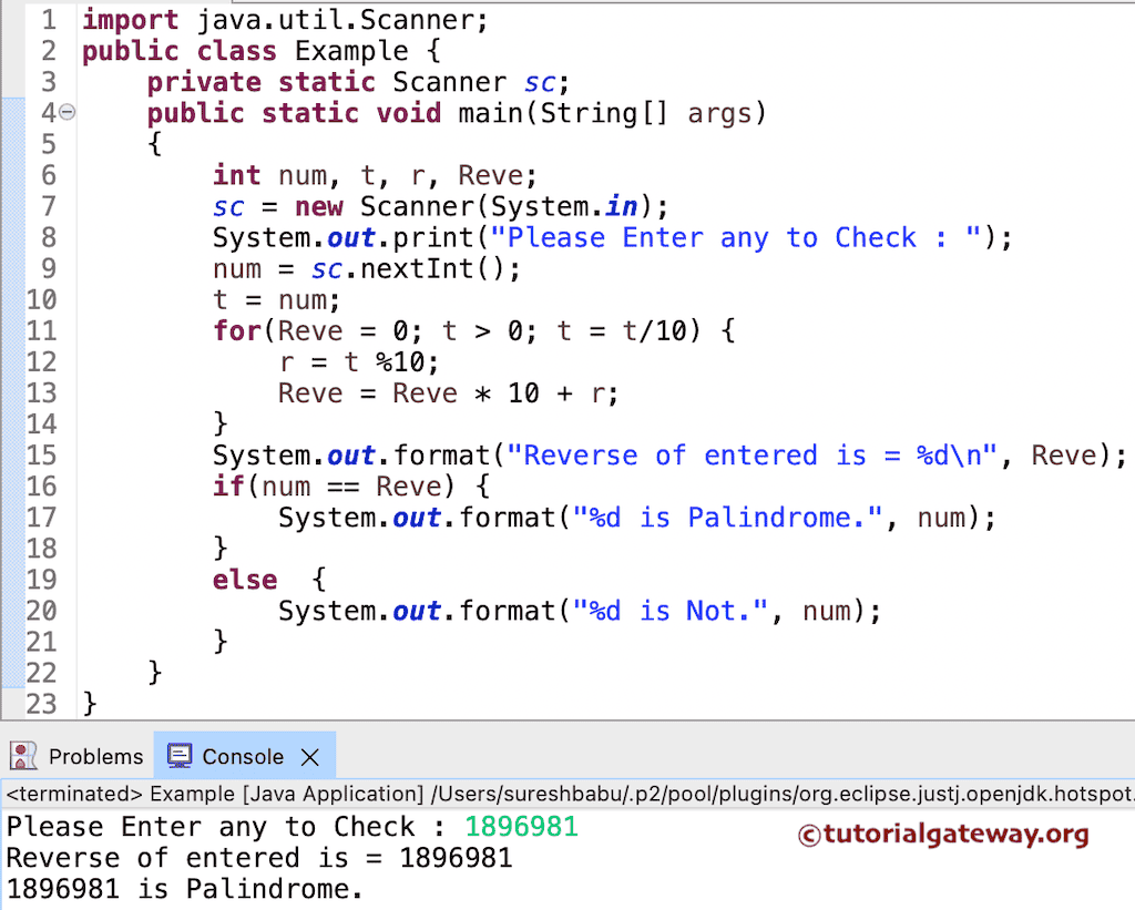 Program to Find Palindrome Number using For loop