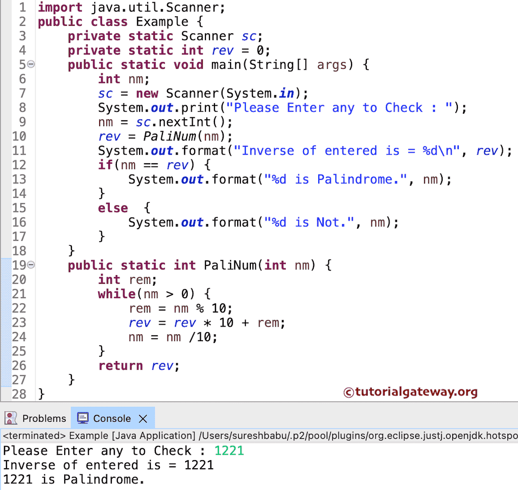 Java Program to Find Palindrome Number using Functions