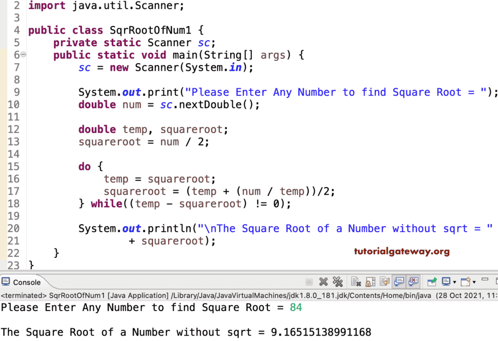 Java Program to find Square Root of a Number without sqrt