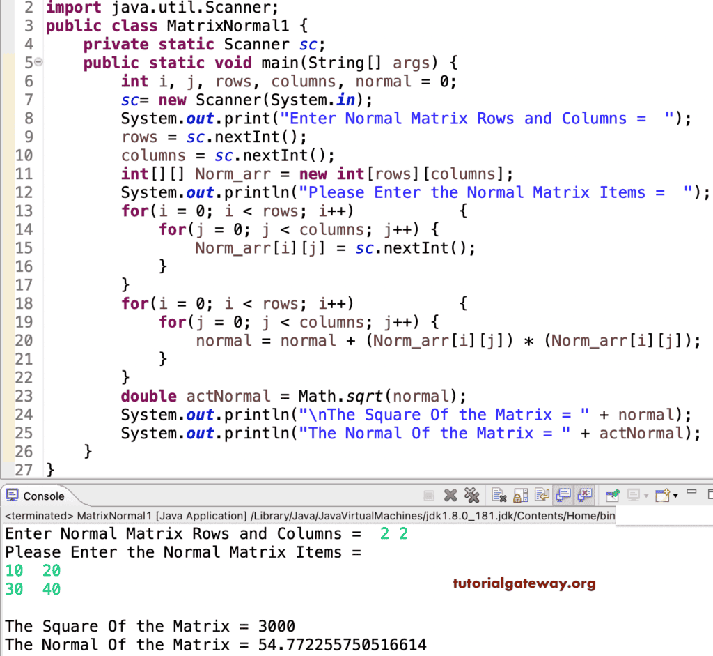 Java Program to Find the Normal of a Matrix
