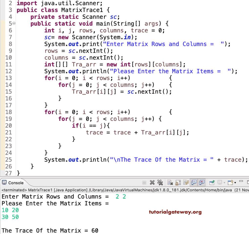 Java Program to Find the Trace of a Matrix