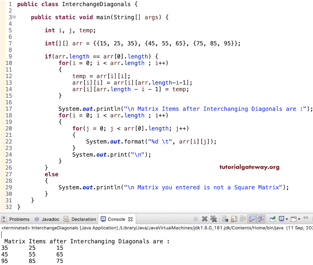 Program to Interchange Matrix Diagonals