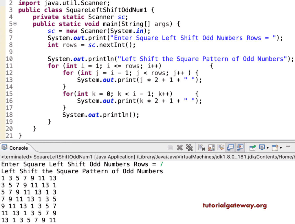 Java Program to Left Shift the Square Pattern of Odd Numbers