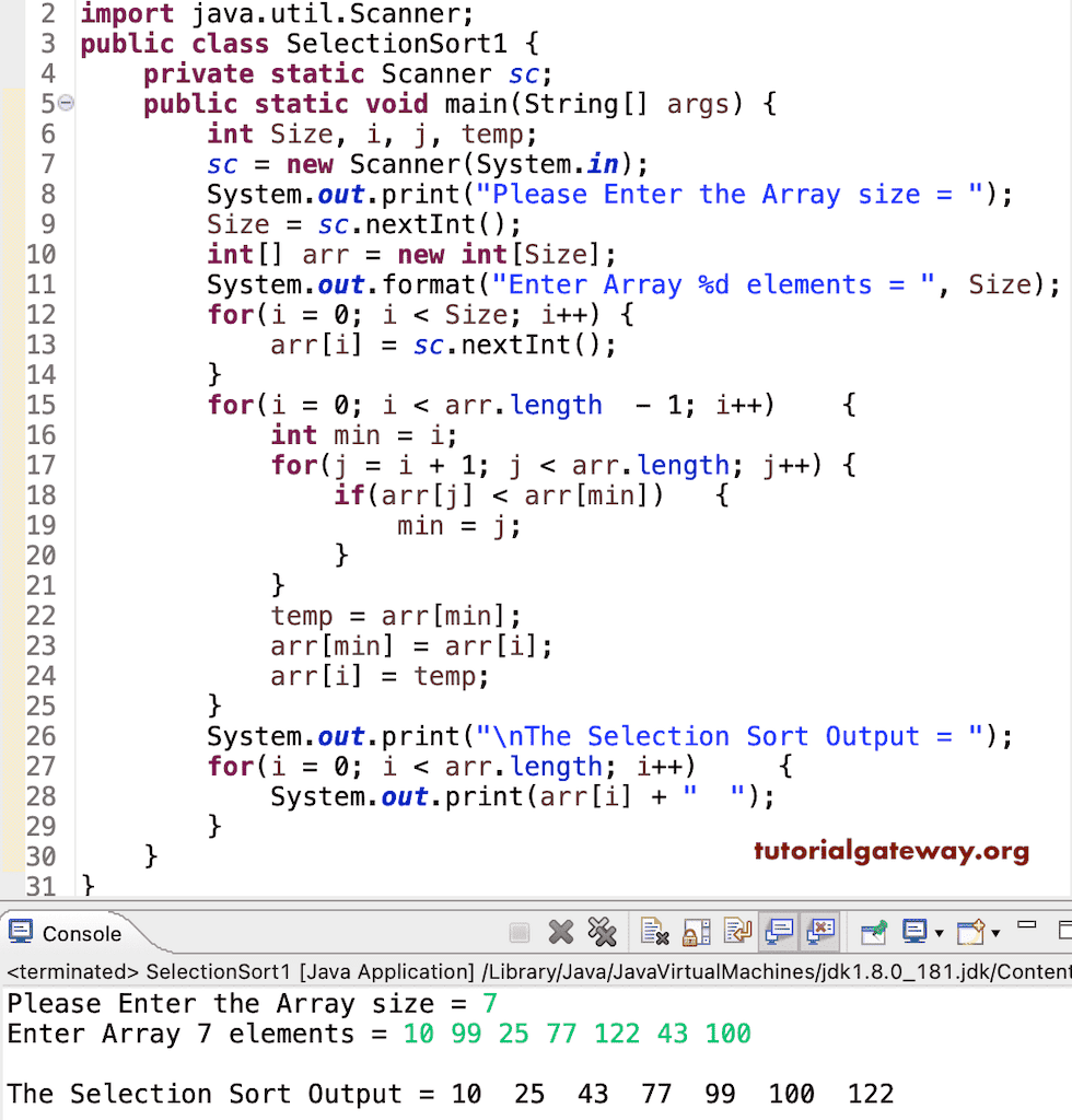 Program to Perform Selection Sort using for loop