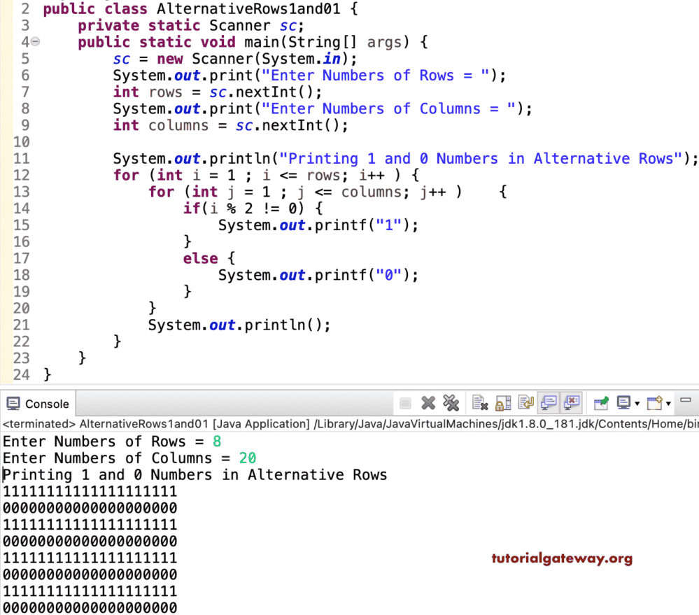 Java Program to Print 1 and 0 in Alternative Rows