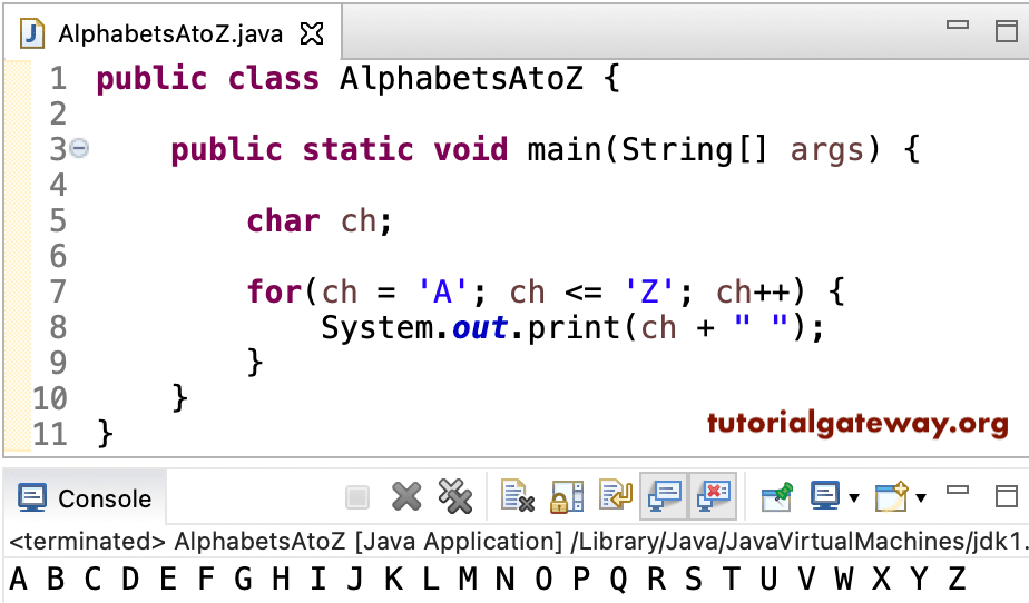 Java Program to Print Alphabets from A to Z
