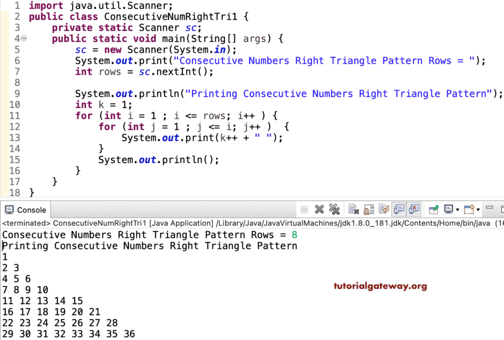 Java Program to Print Consecutive Numbers Right Triangle Columns