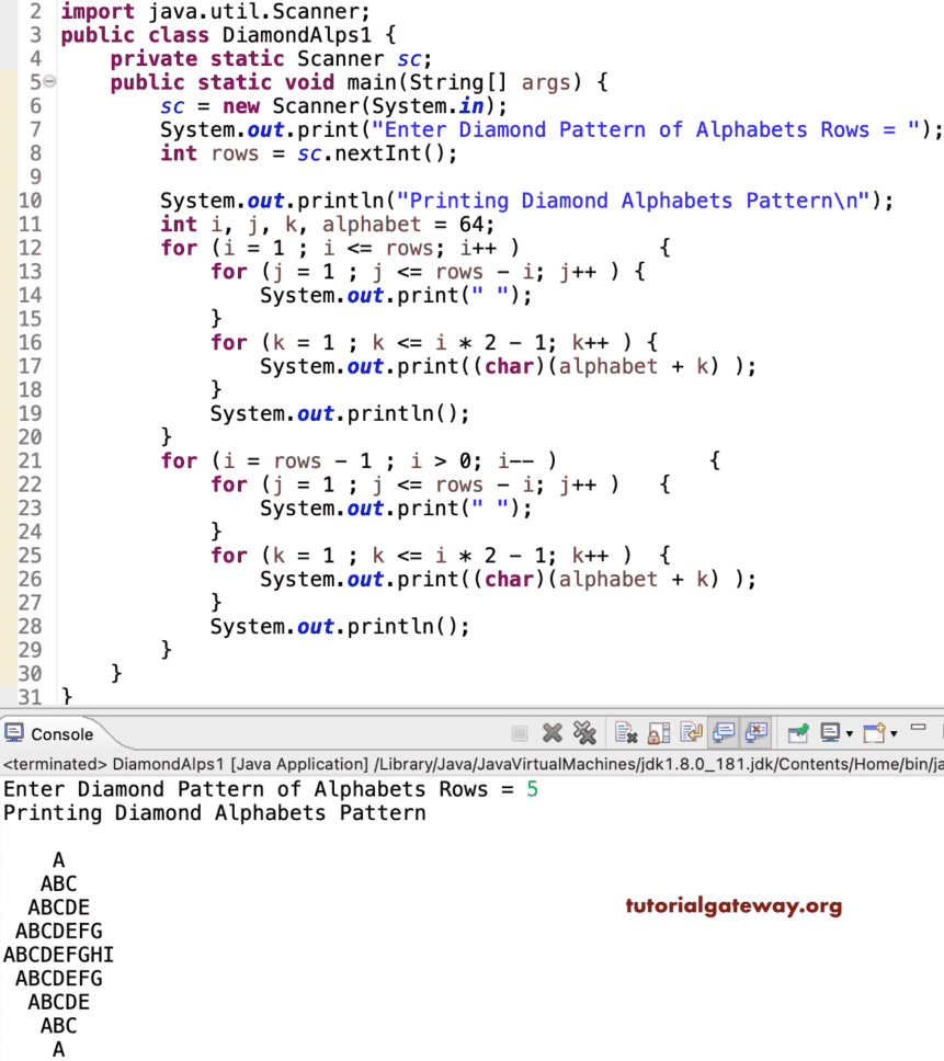 Java Program to Print Diamond Alphabets Pattern