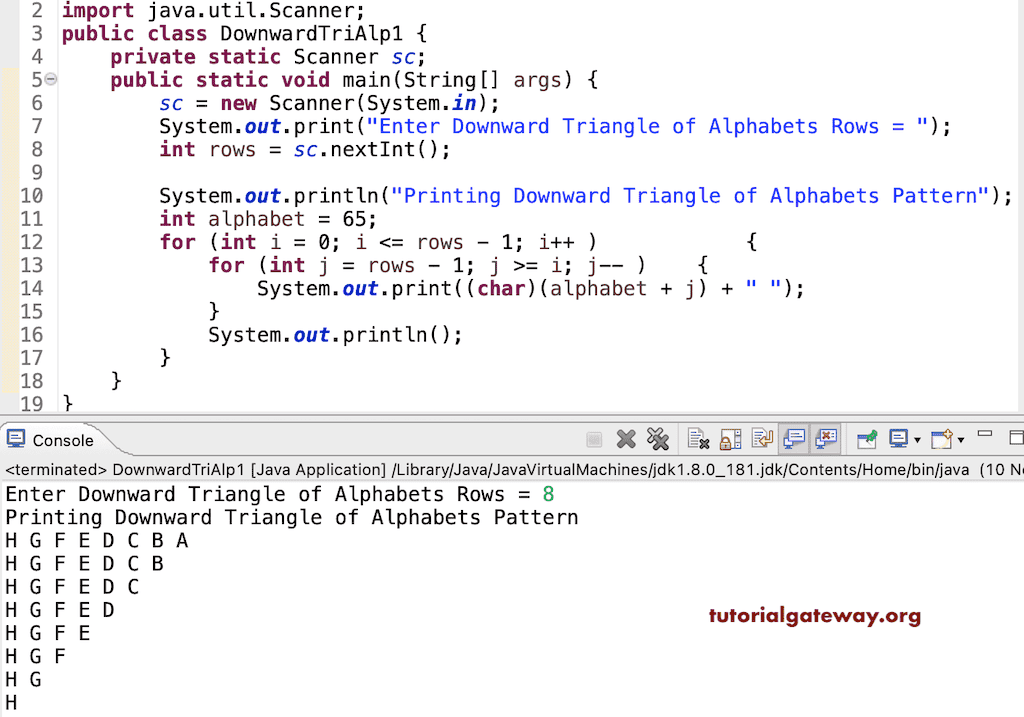 Java Program to Print Downward Triangle Alphabets Pattern