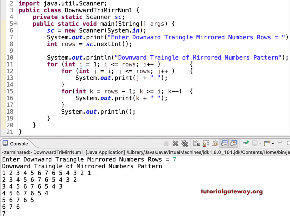 Java Program to Print Downward Triangle Mirrored Numbers Pattern
