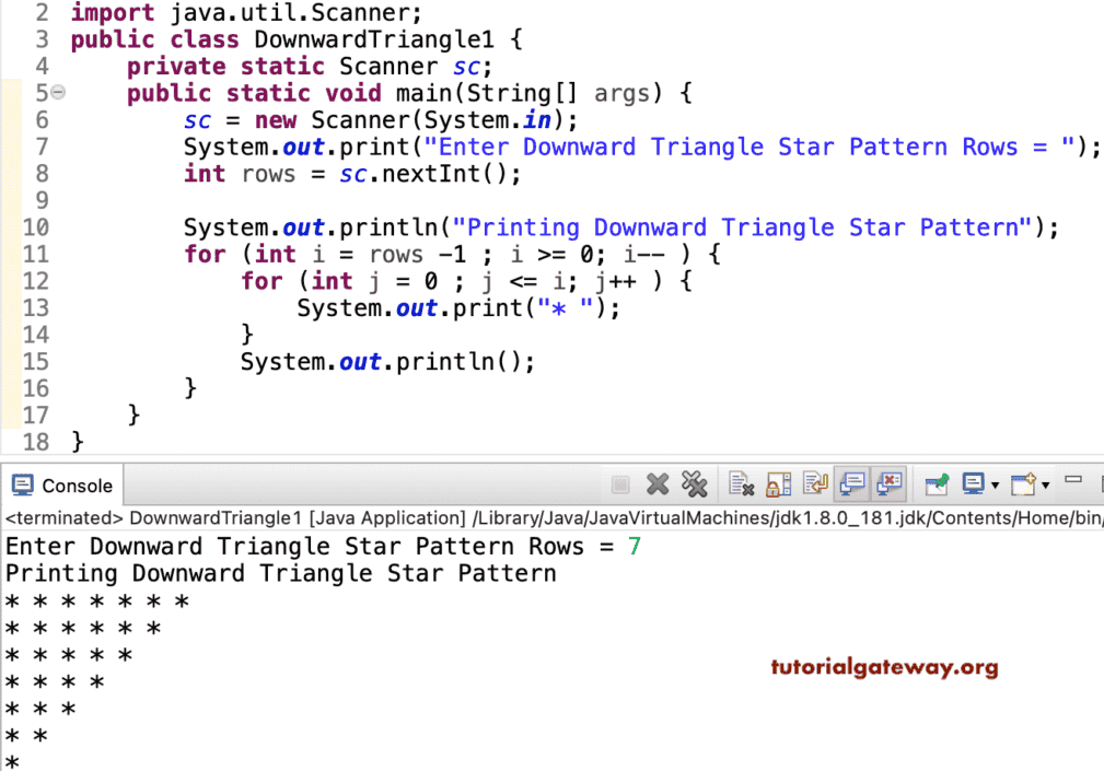 Java Program to Print Downward Triangle Star Pattern
