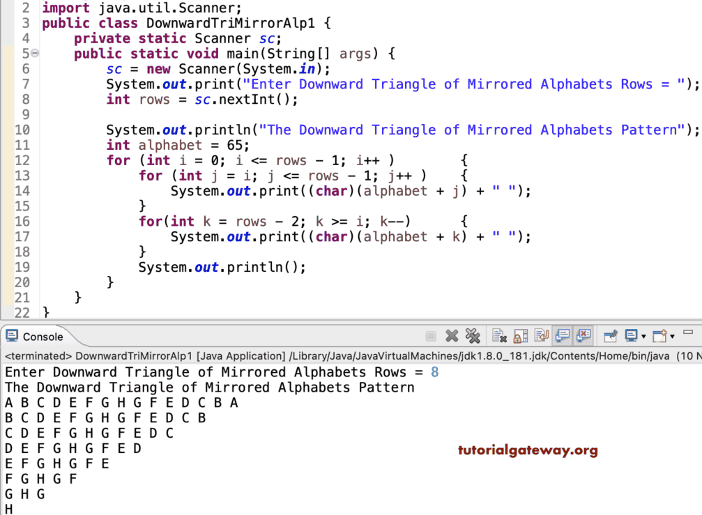 Java Program to Print Downward Triangle of Mirrored Alphabets Pattern