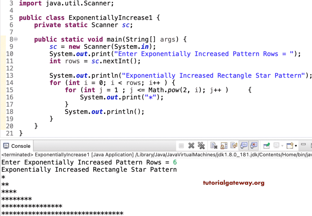Java Program to Print Exponentially Increased Star Pattern