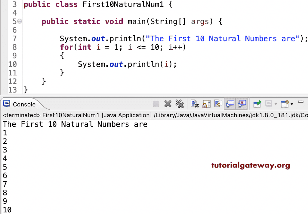 Java Program to Print First 10 Natural Numbers