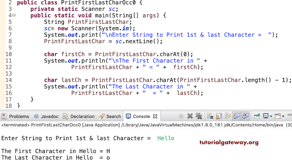 Java Program to Print First and Last Character in a String