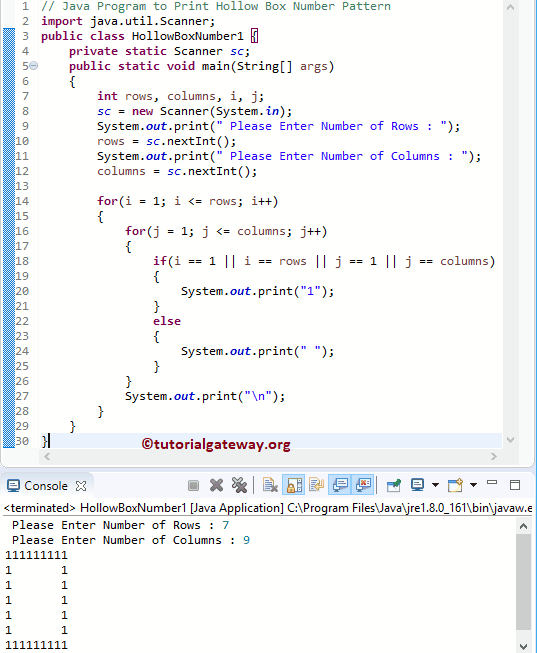 Java Program to Print Hollow Box Number Pattern 1