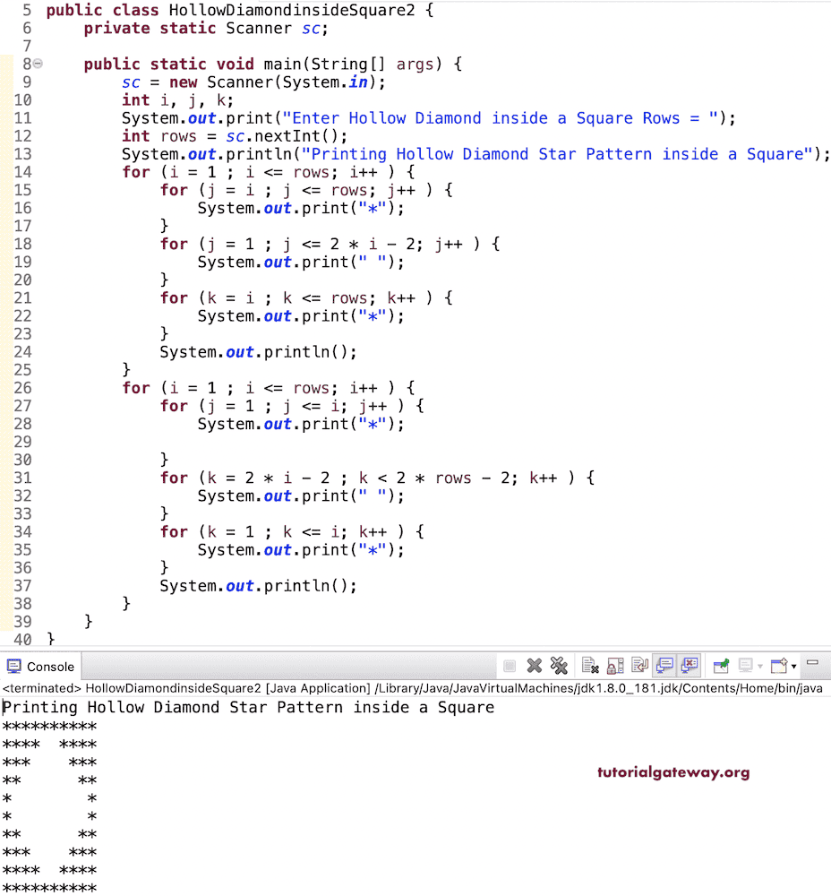 Java Program to Print Hollow Diamond Pattern inside a Square 1