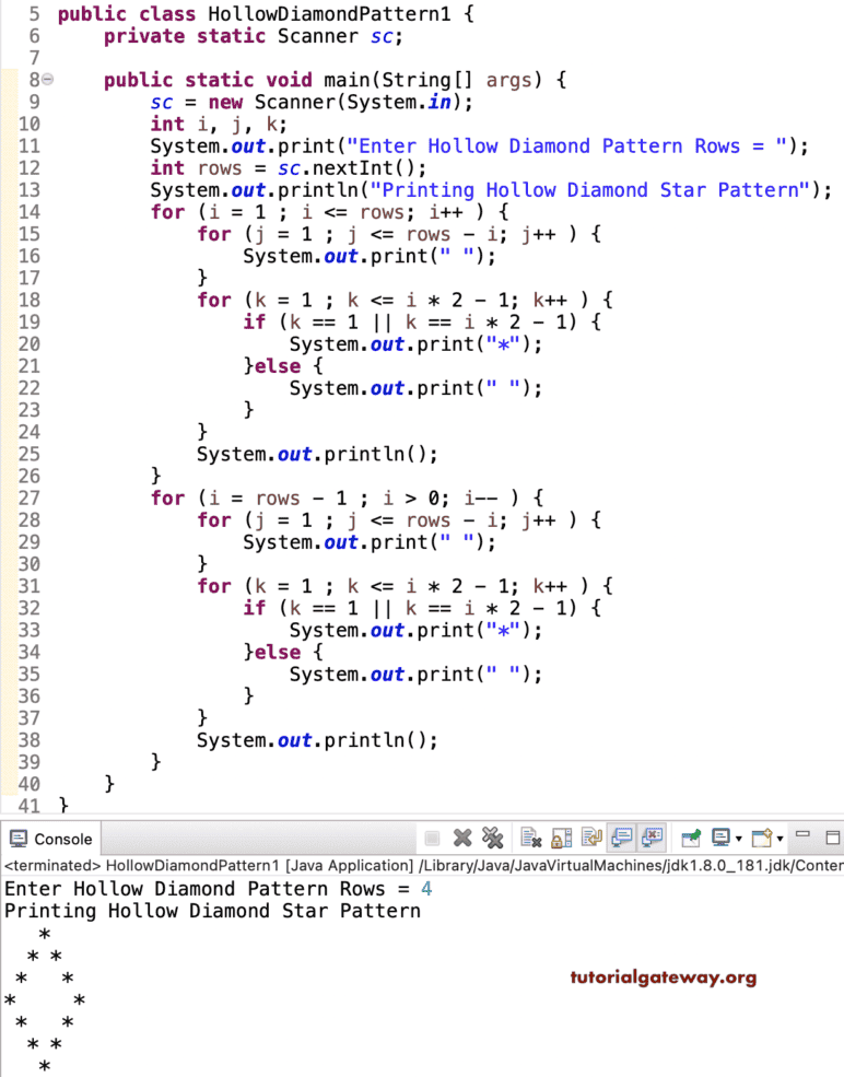 Java Program to Print Hollow Diamond Star Pattern