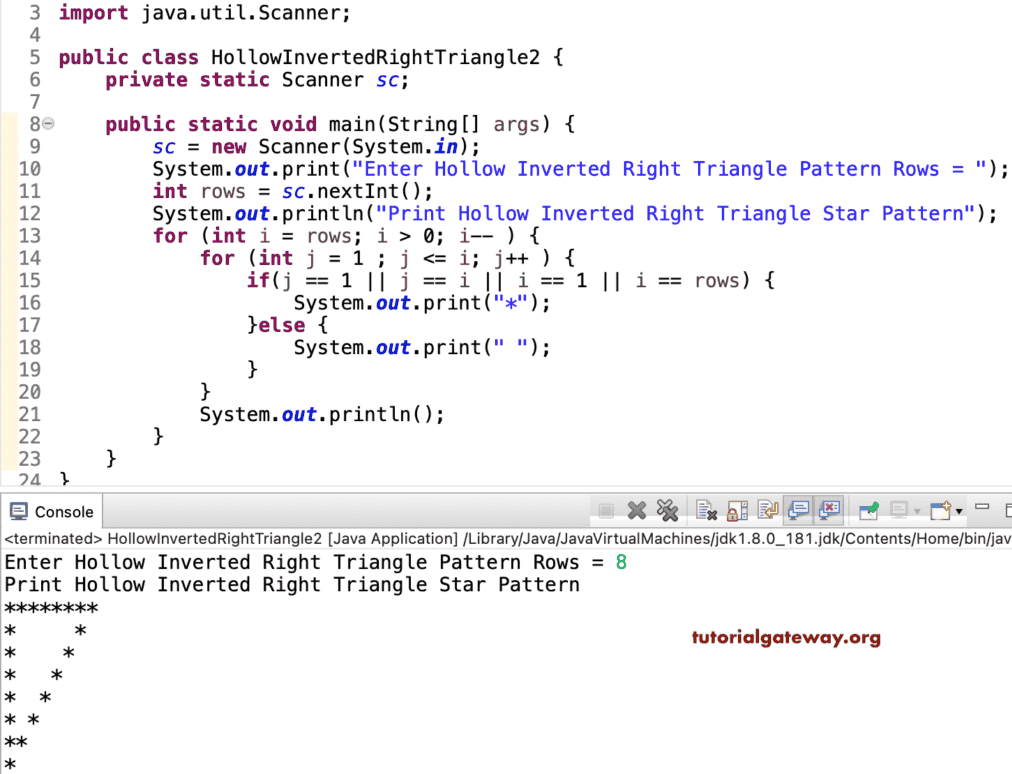 Java Program to Print Hollow Inverted Right Triangle Star Pattern