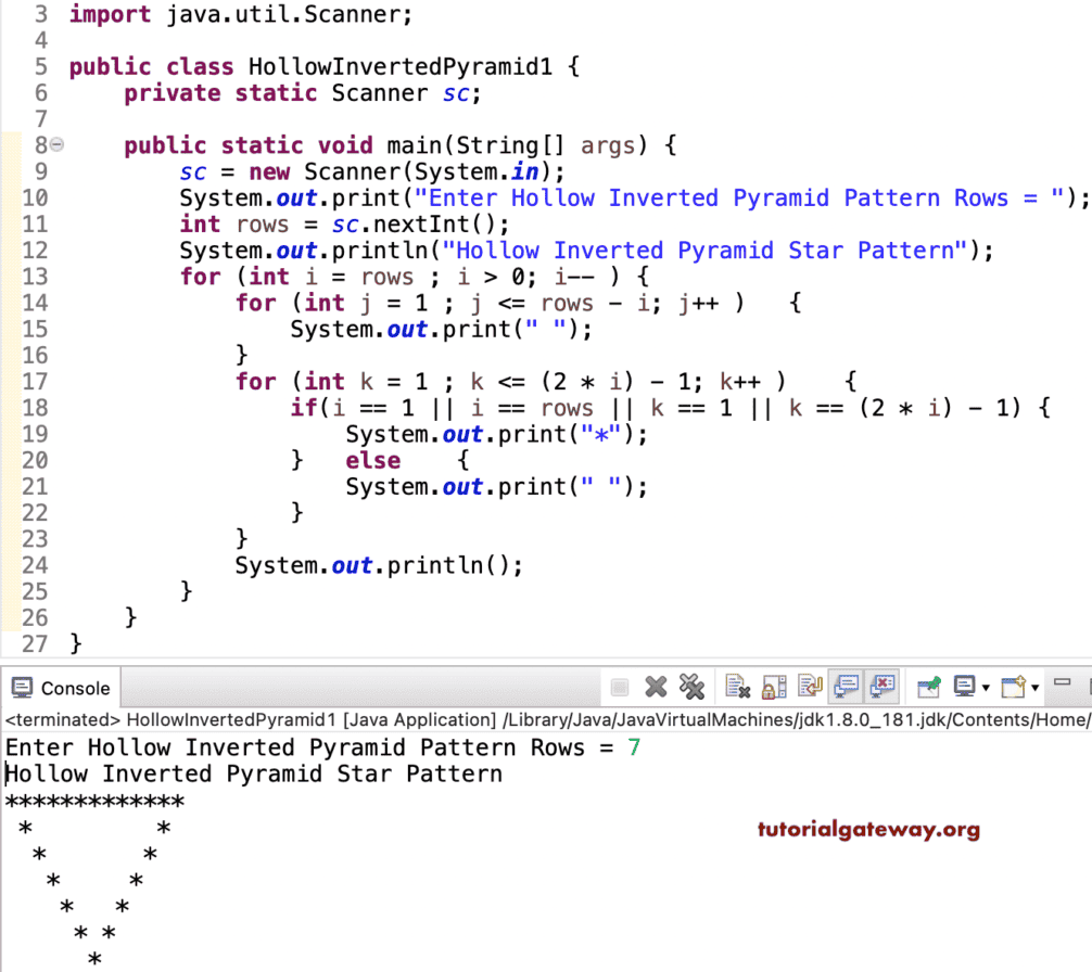 Java Program to Print Hollow Inverted Star Pyramid