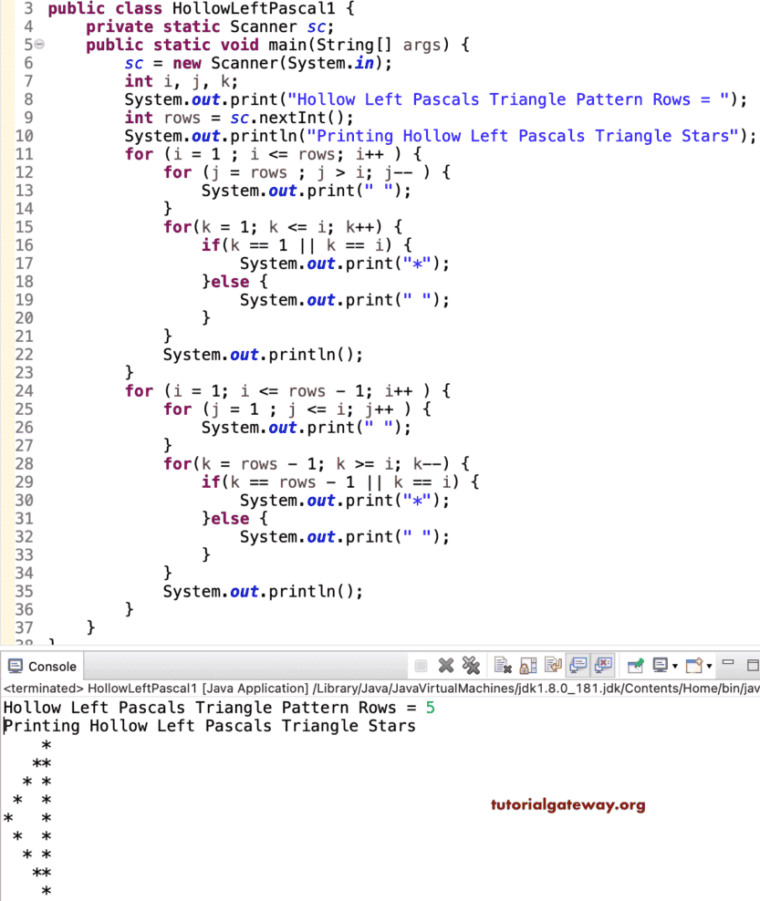 Java Program to Print Hollow Left Pascals Star Triangle