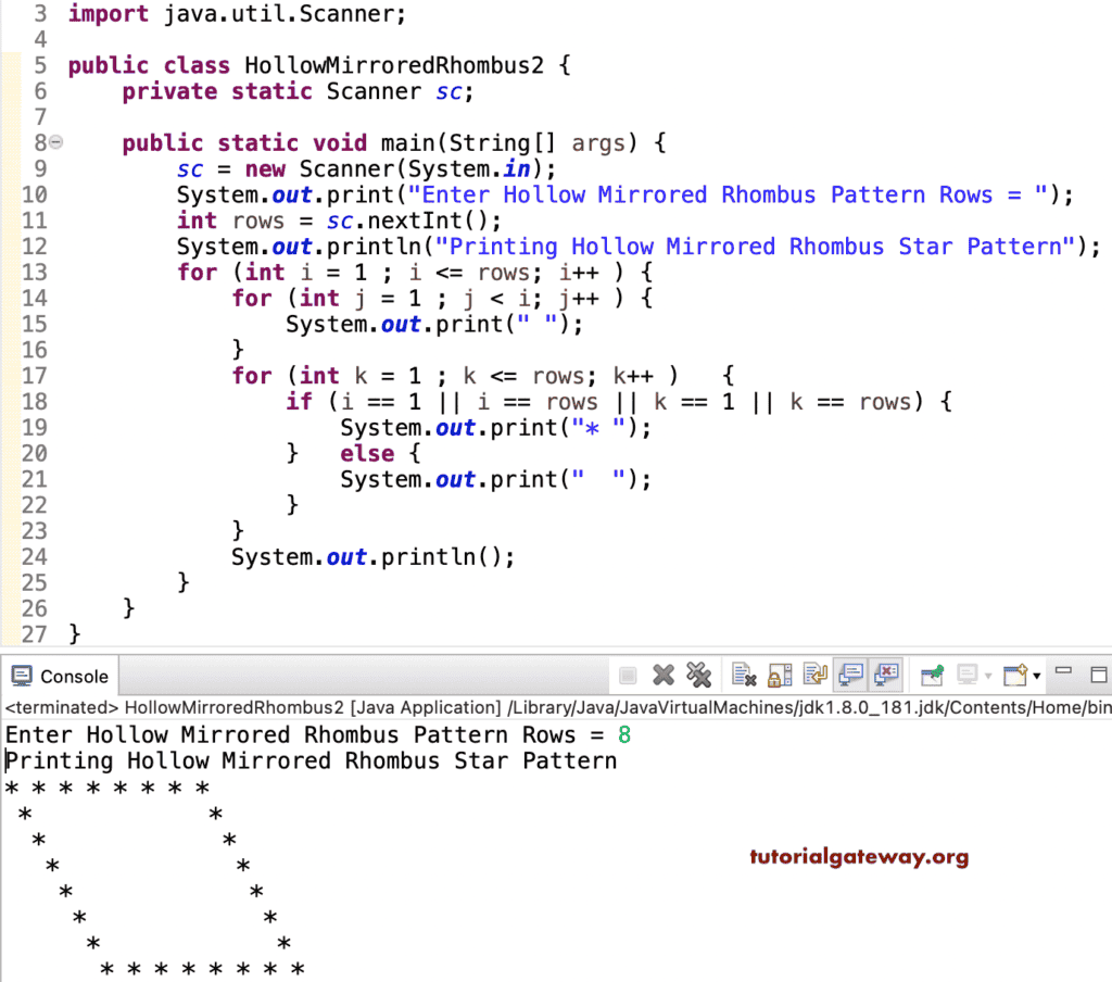 Java Program to Print Hollow Mirrored Rhombus Star Pattern