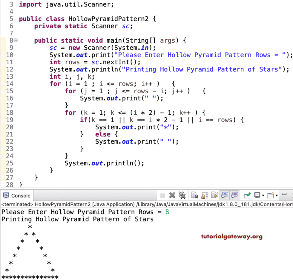 Java Program to Print Hollow Pyramid Star Pattern