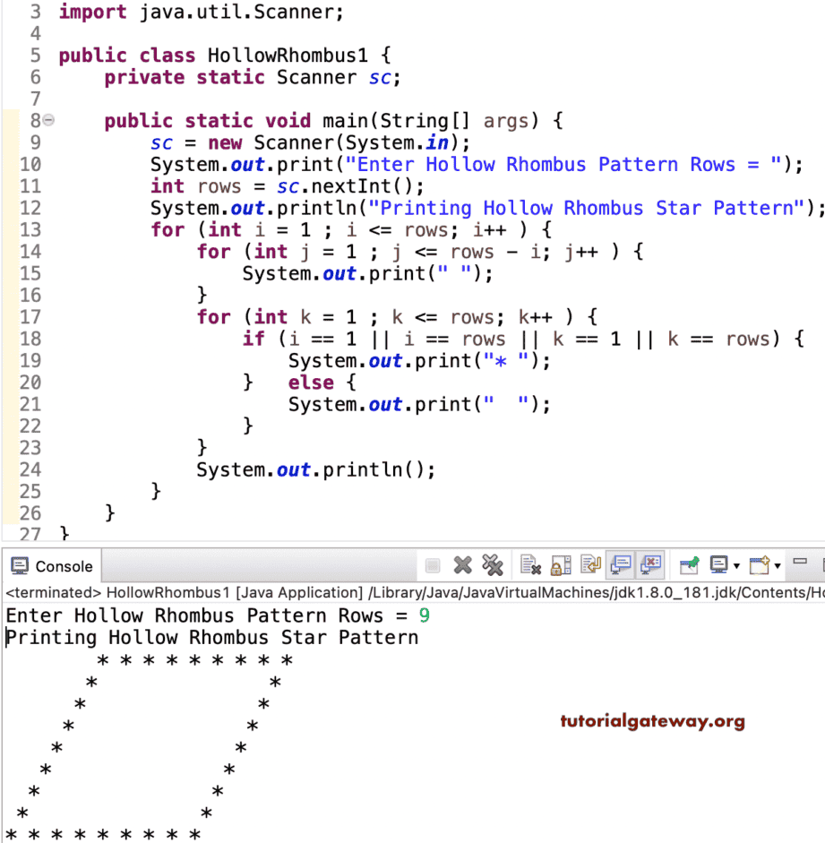 Java Program to Print Hollow Rhombus Star Pattern