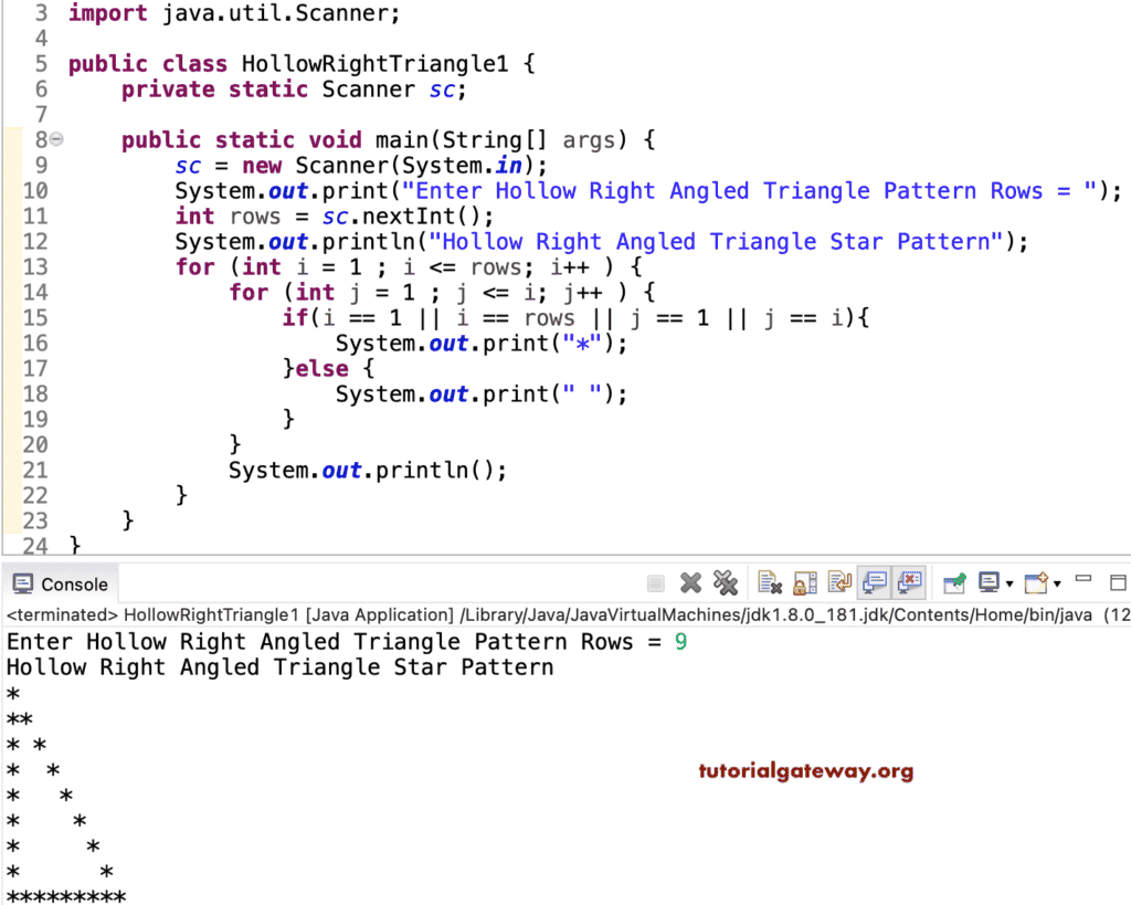 Java Program to Print Hollow Right Angled Triangle Star Pattern