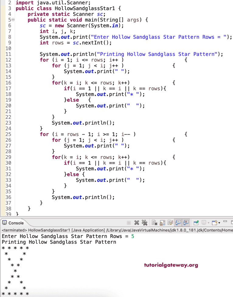 Java Program to Print Hollow Sandglass Star Pattern