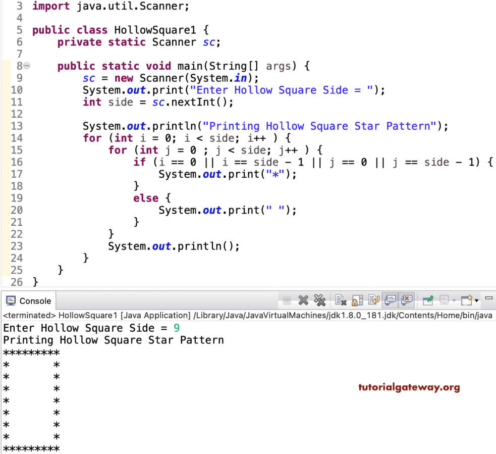 Java Program to Print Hollow Square Star Pattern