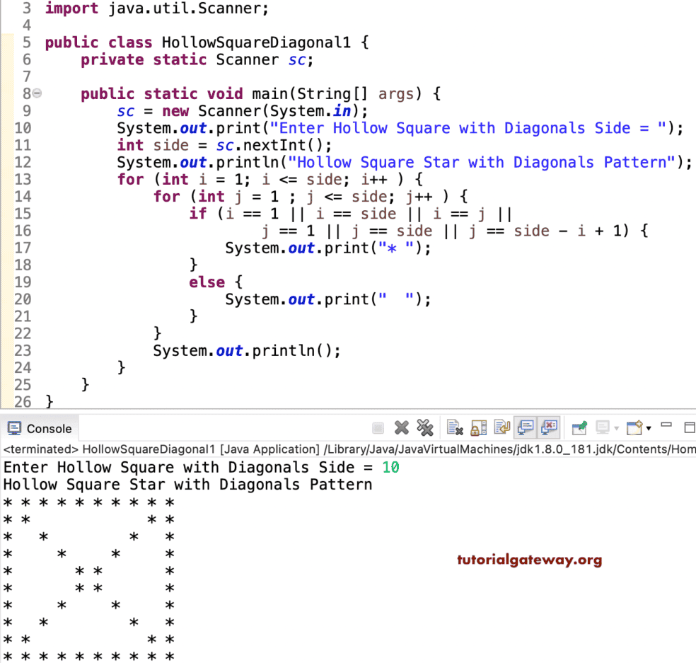 Java Program to Print Hollow Square with Diagonals