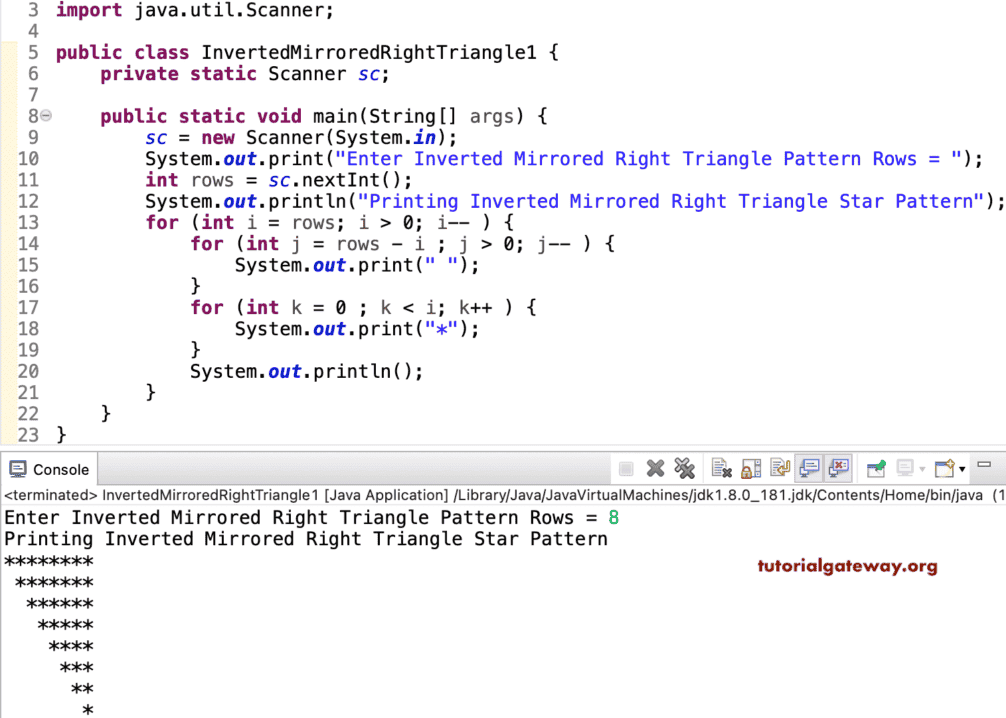 Java Program to Print Inverted Mirrored Right Triangle Star Pattern