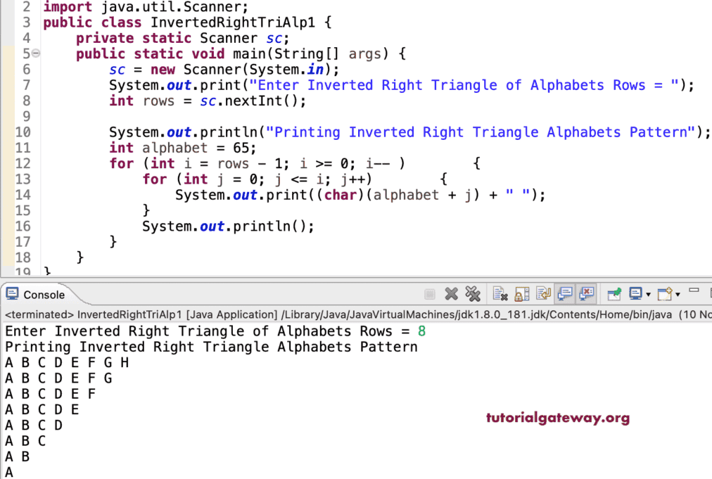 Java Program to Print Inverted Right Triangle Alphabets Pattern