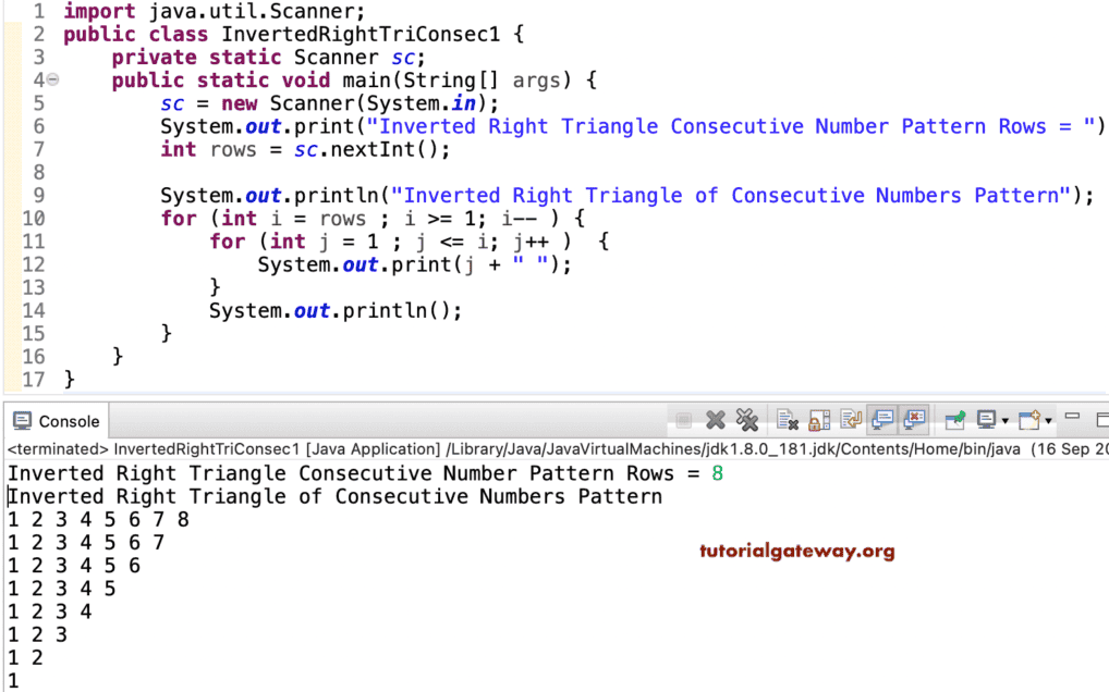Java Program to Print Inverted Right Triangle of Consecutive Numbers