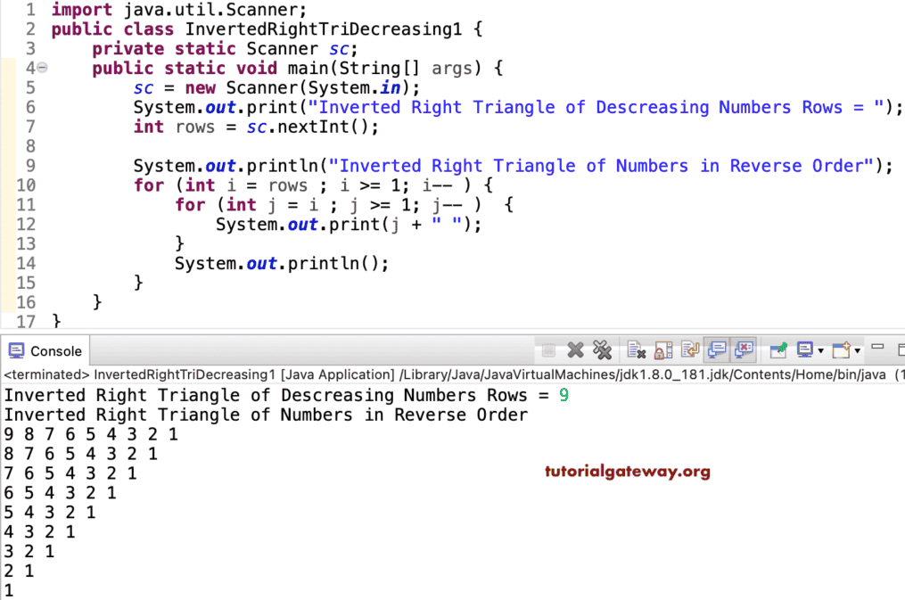 Java Program to Print Inverted Right Triangle of Decreasing Order Numbers
