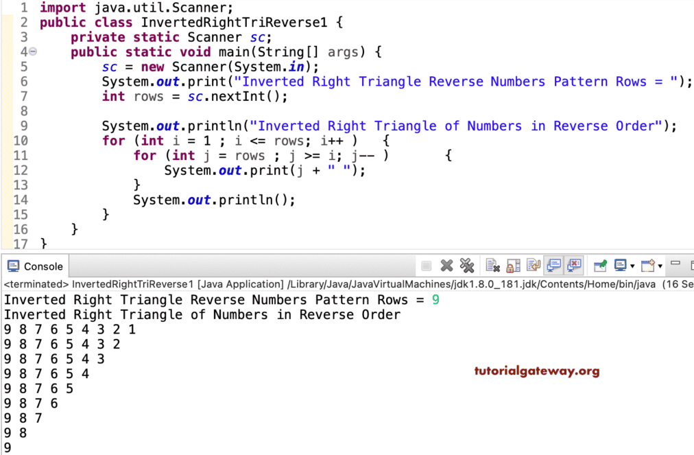 Java Program to Print Inverted Right Triangle of Numbers in Reverse