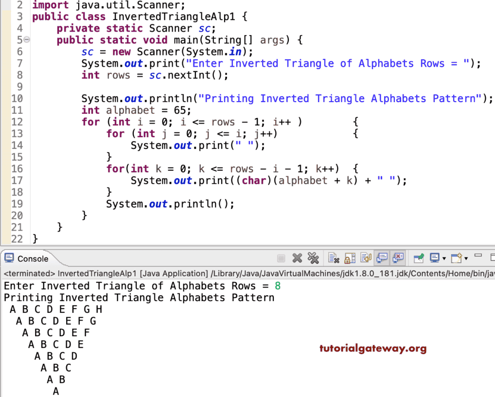 Java Program to Print Inverted Triangle Alphabets Pattern