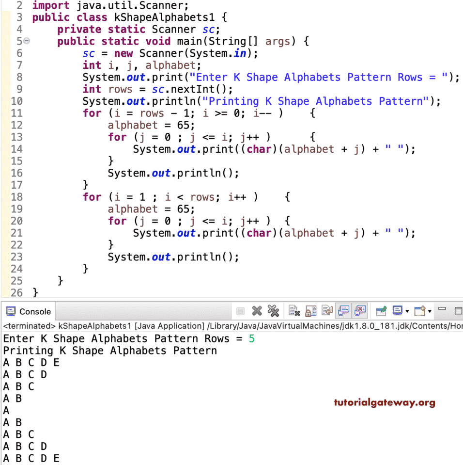 Java Program to Print K Shape Alphabet Pattern