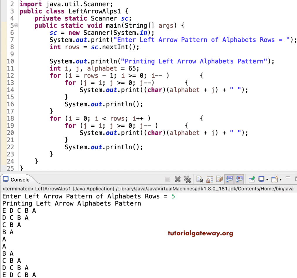 Java Program to Print Left Arrow Alphabets Pattern