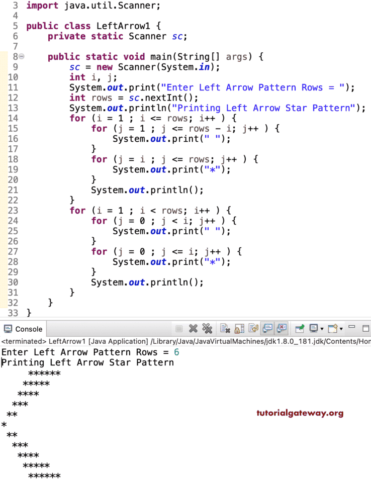 Java Program to Print Left Arrow Star Pattern